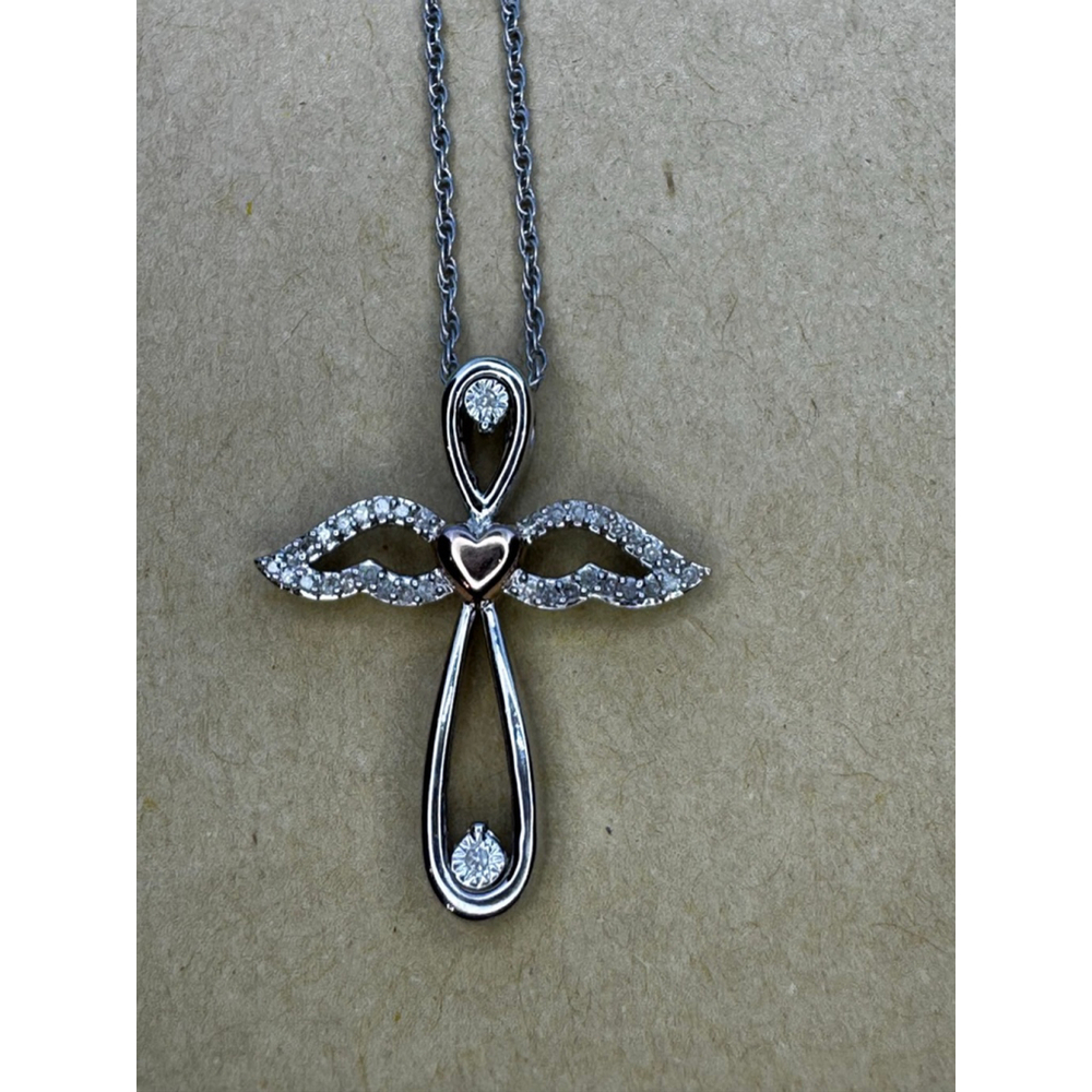 Sterling Silver & Rose Gold Angel Cross Diamond Necklac